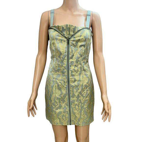 H&M Zip Front Brocade Mini Dress 6 Metallic Regencycore Marie Antoinette Damask - Picture 1 of 9